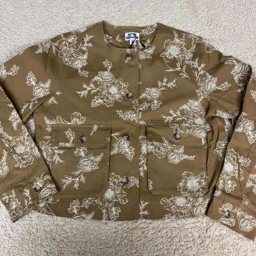 Future Collective Cotton Utility Bomber Jacket Khaki Floral SMALL NWT